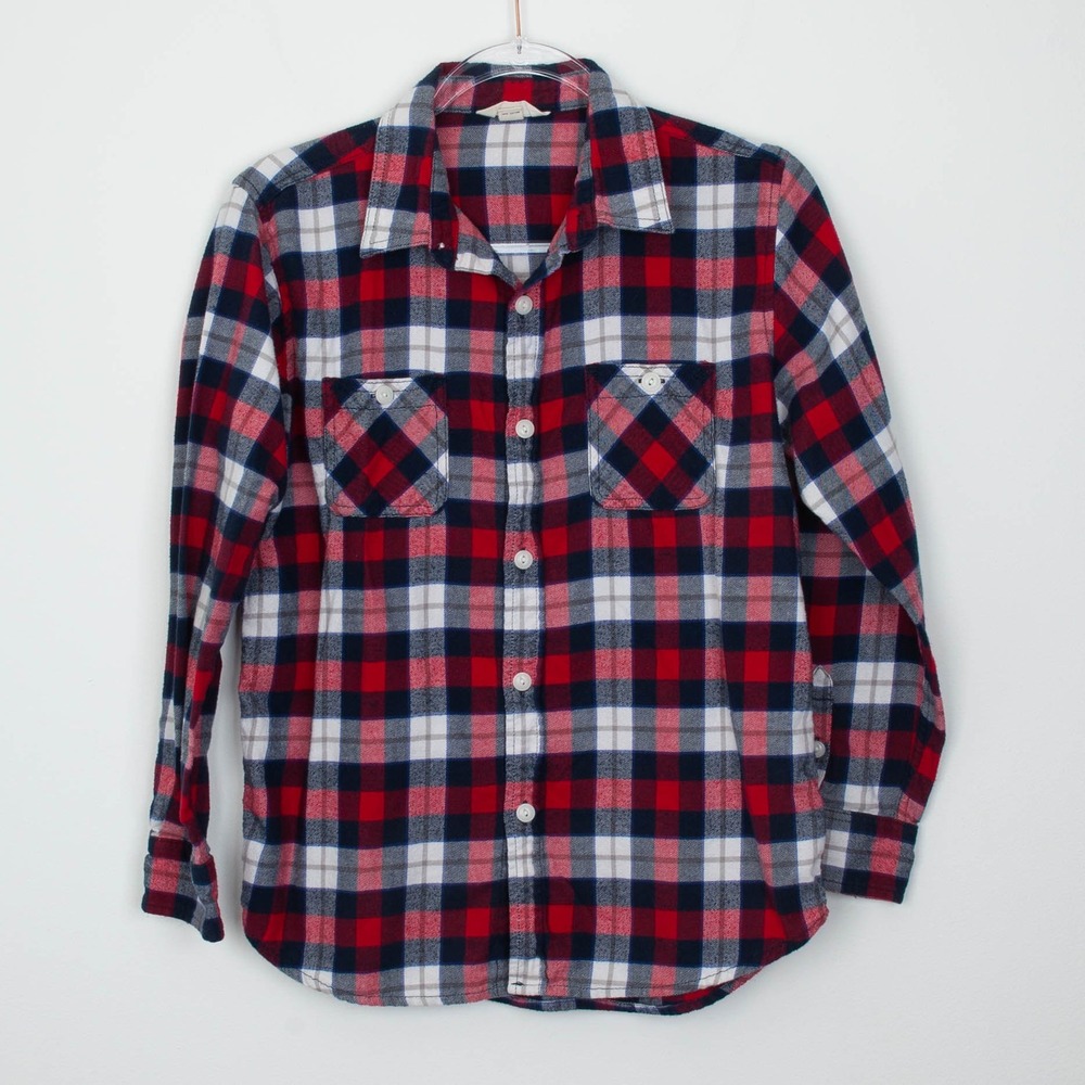Lands End Boys‎ Cotton Button Front Flannel Shirt Size L 14-16 Red Navy Plaid